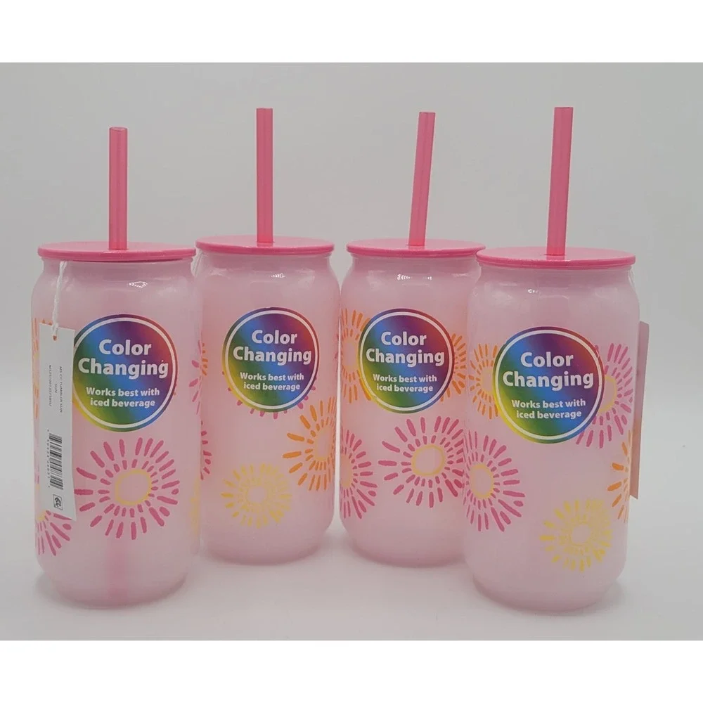 20oz Color Changing Tumbler NEW Set Of 4 Lid Straw Pink Yellow Orange Sunburst